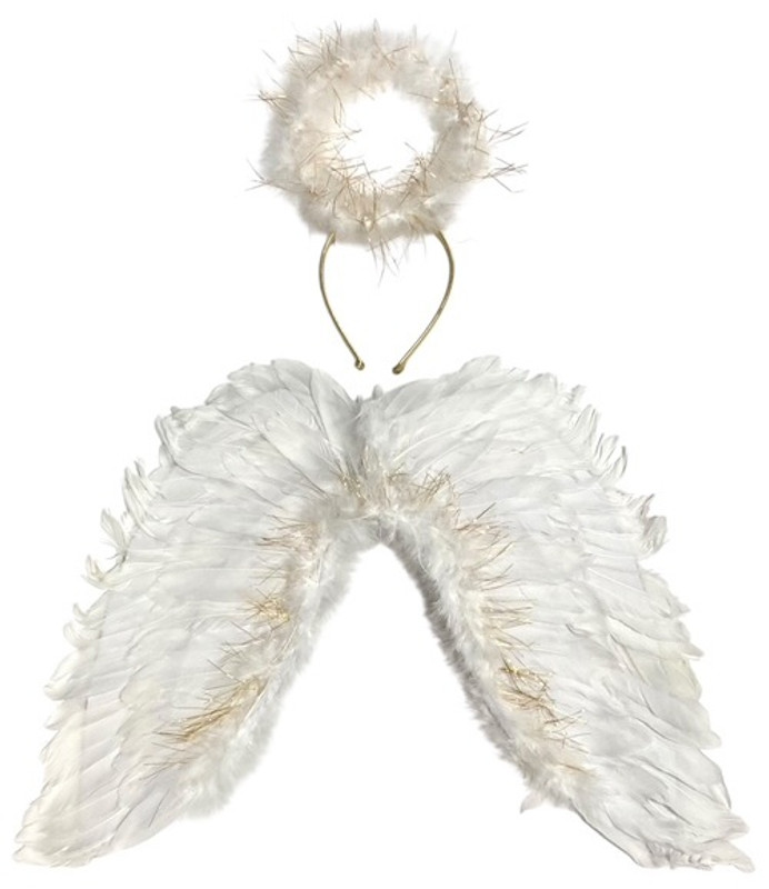 Feathery Angel Wings and Halo - White and gold. These wire wings are lined with white feathers, accented with gold tinsel, and worn with elastic straps. The matching, white, feathery halo with gold tinsel is wired to a gold headband. Wings measure about 17in tall. Desired color not guaranteed. One size fits most.
