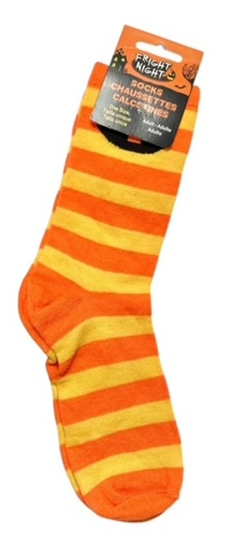 Adult Halloween Socks - Orange and Yellow stripes with a jack o lantern face. Package comes with one pair of socks. One size fits most. Desired Style not guaranteed.