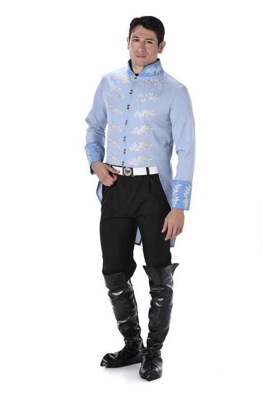 Fairytale Prince Adult. This costume includes a light blue jacket with silver embroidered details and buttons, along with coat tails and darker blue sleeve cuffs and collar. This costume also includes a white belt and black trousers. Boot covers and undershirt not included. Small fits 34 - 36, Medium fits 38 - 40in, Large fits 42 - 43in, and X-Large fits 46 - 48in.