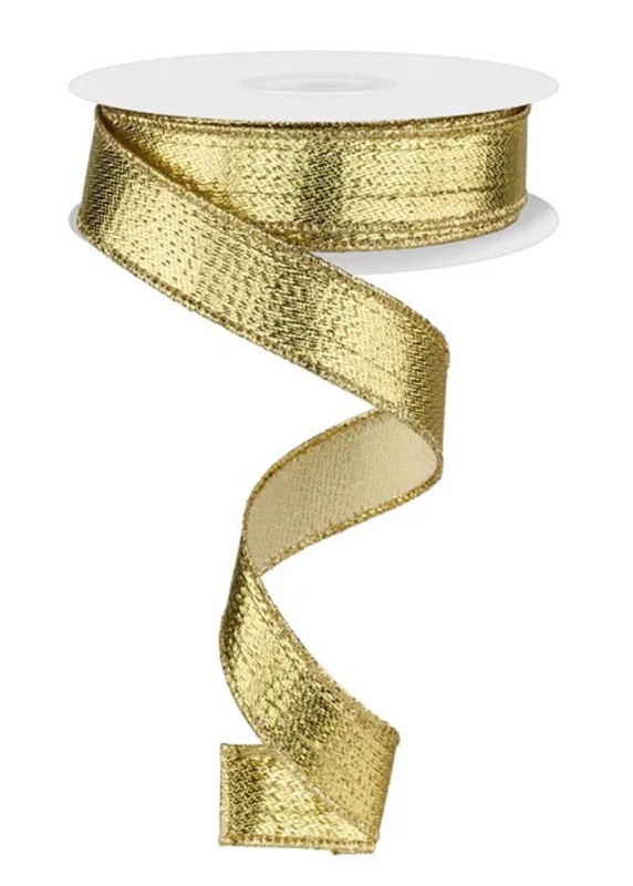 Gold Metallic Ribbon. This part metallic part polyester ribbon has a shimmery gold finish with matching tinsel borders. Measures 7/8in x 10yds.