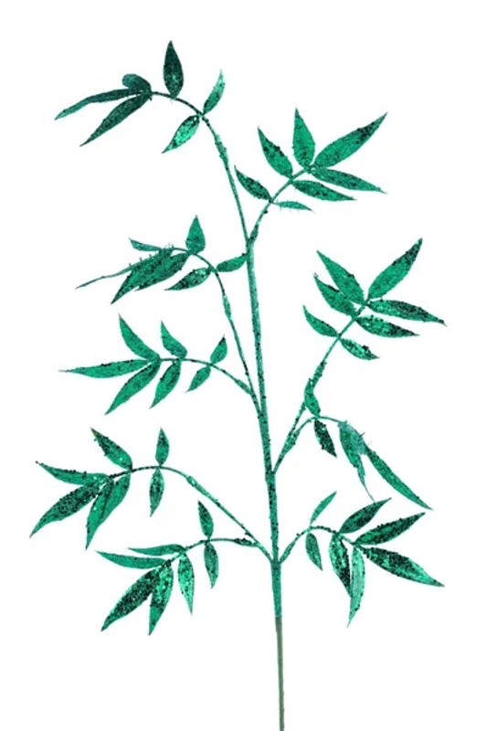 Emerald Green Glitter Leaf Spray. This plastic spray features a glittery finish with attached glittery branches of slender leaves. Measures 35 inches.