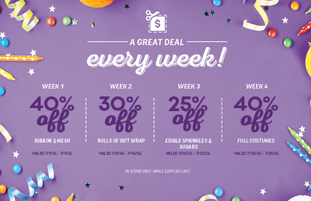 june coupon- 30 percent off styrofoam cups, 30 percent off USA flags, 30 percent off red, white, and blude napkins, 30 percent off luau plates and napkins 