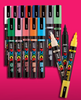 POSCA Brush markers in assorted colours displayed on a bright pink background, showing capped markers and exposed brush tips. | PoscART
