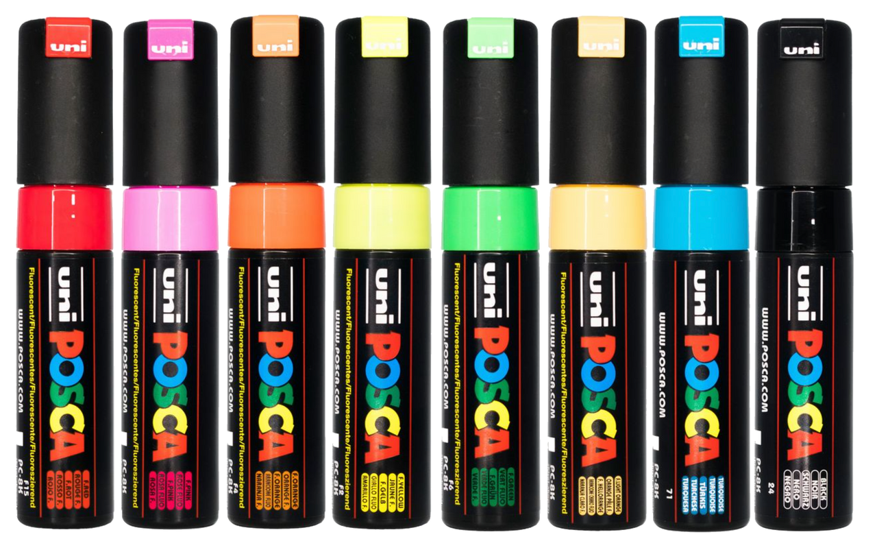 PoscART POSCA PC-8K (PC8K8F) Fluoro Colours In A Set Of 8 Chisel Tip Shaped Paint  Marker Pens