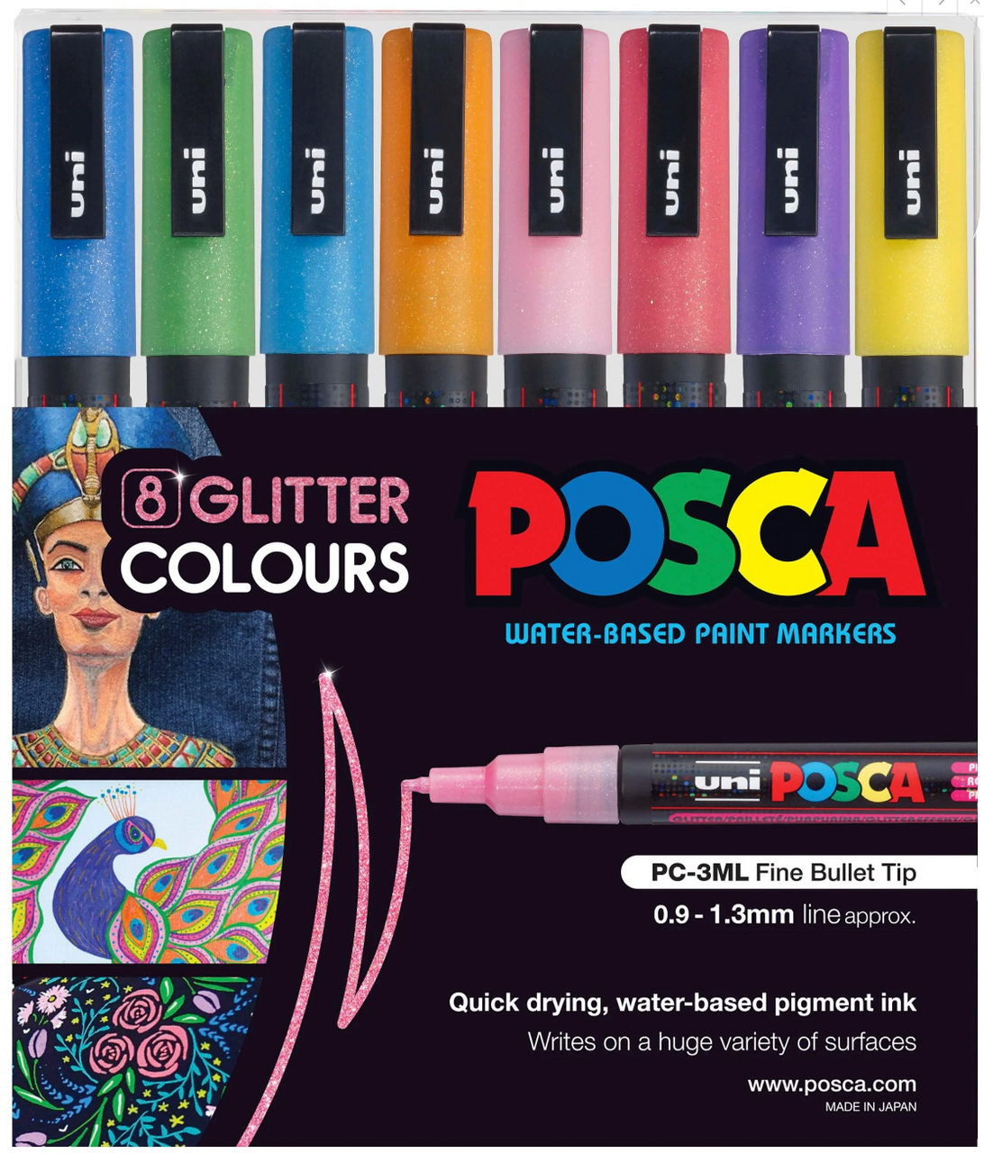 Uniball POSCA PC-3M (PC3MGL8C) Glitter Colours Kit In A Wallet Set Of 8  Paint Marker