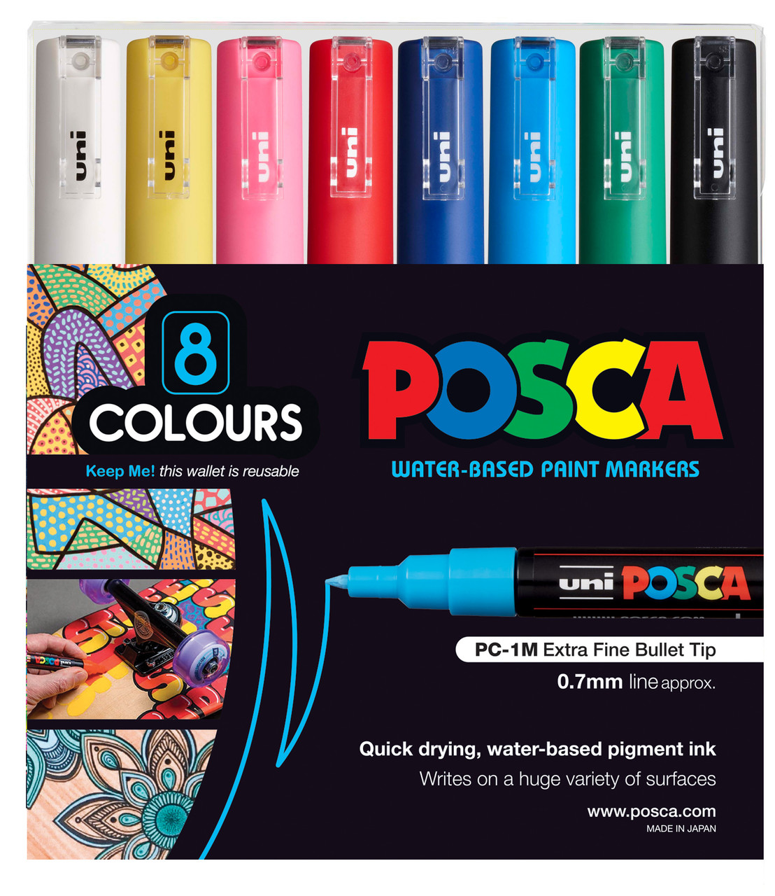 Uni POSCA Paint Markers PC-1M Extra-fine Nib Sets of 8 Standard OR Pastel  Colours 