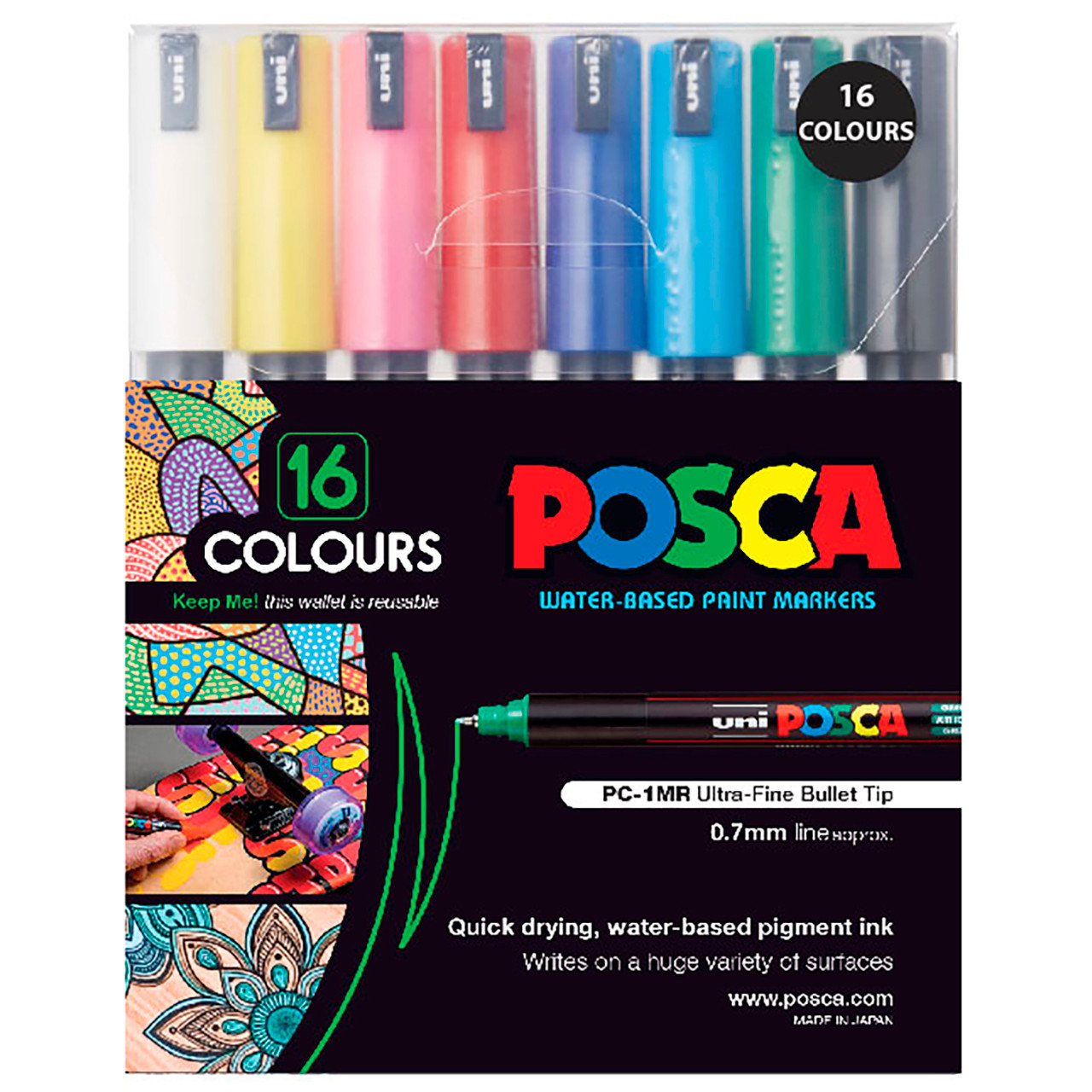 POSCA PC-1MR Art Paint Markers Set of 16 in Plastic Wallet Starter Set 
