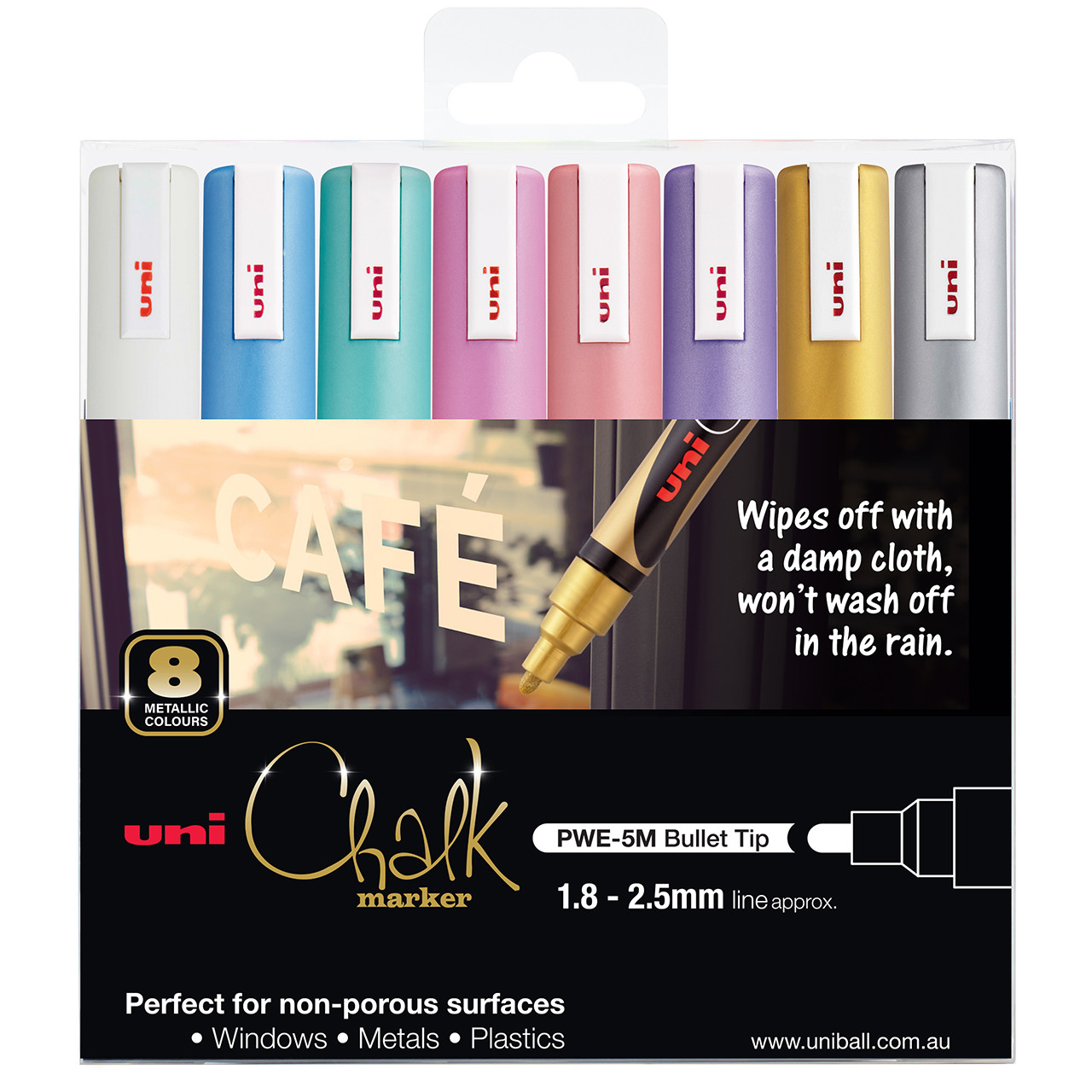 Uni Liquid Chalk Marker (PWE5M12A) Bullet Tip 2.5mm Assorted in a Pack of  12