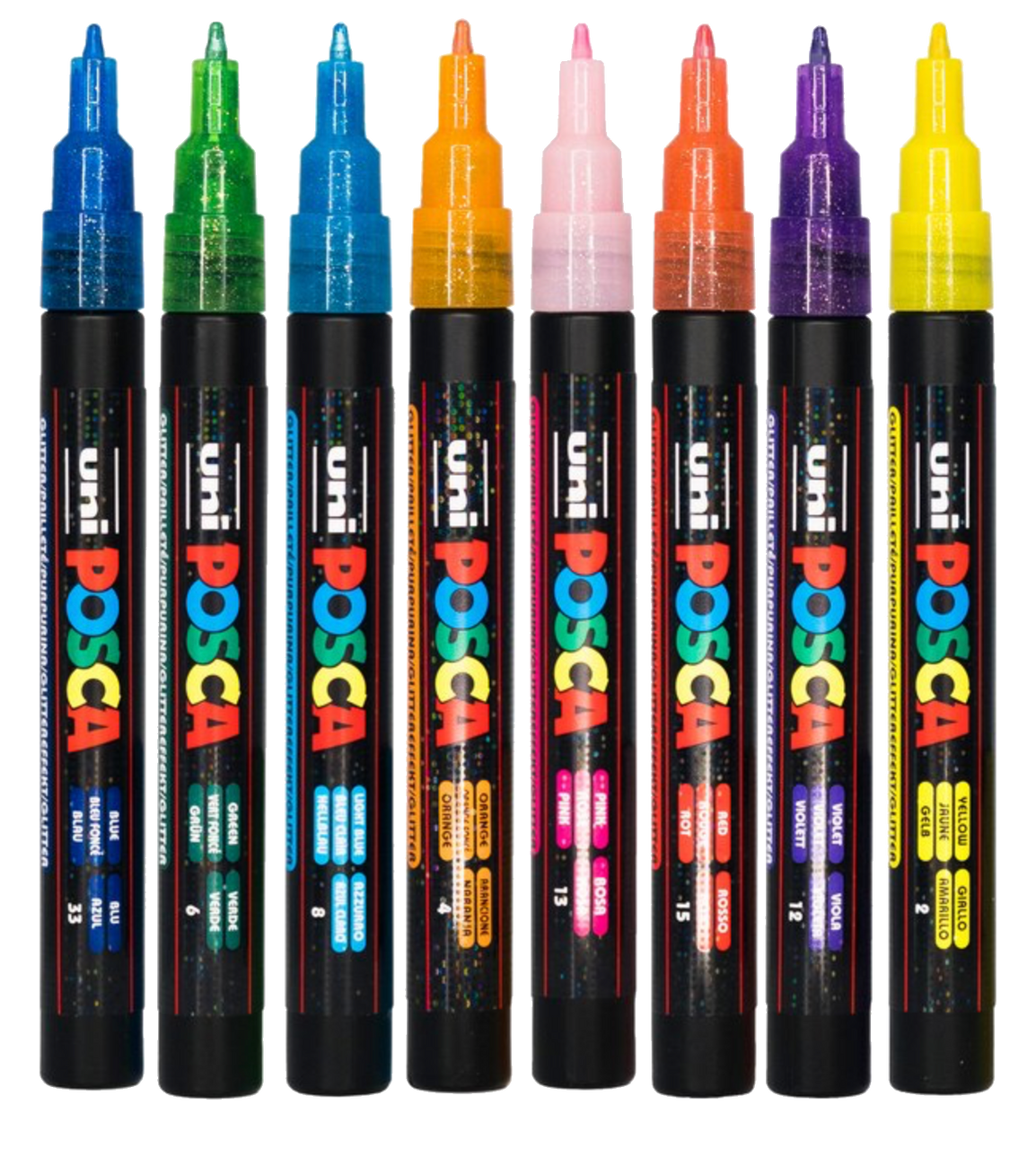 POSCA Glitter Paint Marker Set – PC-3M Bullet Tip (8 Colours)