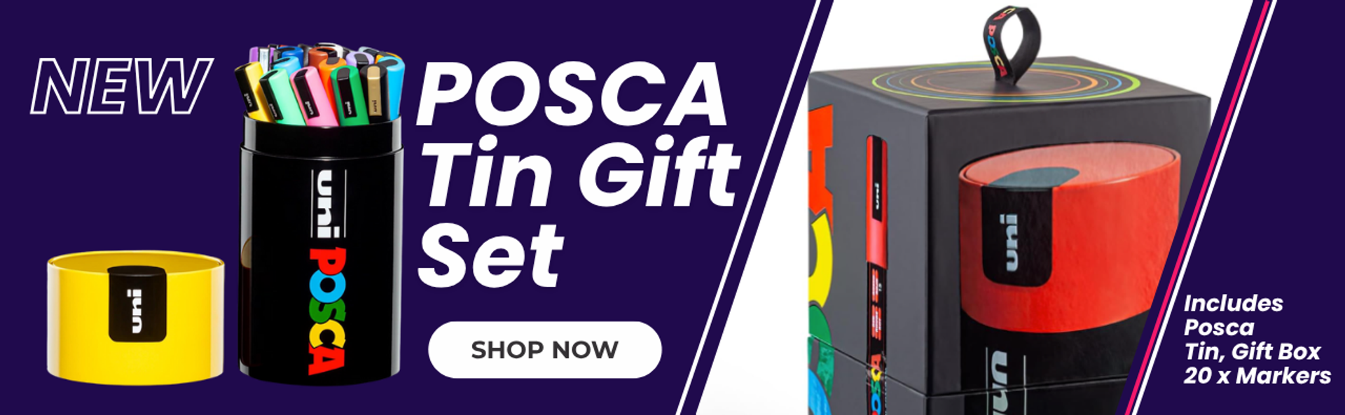 PoscART POSCA Tin Gift Set featuring a black Uni POSCA storage tin filled with 20 colourful POSCA markers, shown with its yellow lid removed, alongside the branded gift box with circular rainbow design and carry loop.