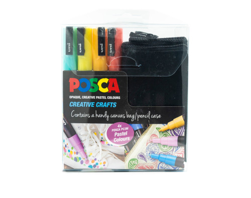 This unique pack contains 1 canvas bag or pencil case to decorate and use as well as 4 Posca PC-3M markers (Coral Pink, Apricot, Sunshine Yellow and Aqua Green).  The bag measures 205mm x 125mm, is black and has a zip.  It also has the posca logo on it.  A great starter kit or creative gift.

The Posca PC-3M pen has the universal bullet tip that adapts to all types of creation.  This 0.9mm - 1.3mm fine-point POSCA PC-3M pen is the quintessential creative tool used by connoisseurs. With a precise, assured stroke, it can customise, create, decorate and mark anything that inspires you.