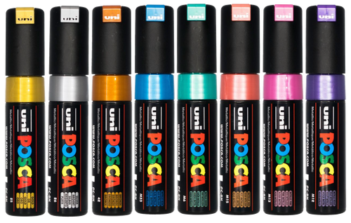 Uniball Assorted set of 8 Uni POSCA PC-8K (PC8K8M) water-based pigment ink markers in 8 metallic colours, uniball, uni posca | PoscART