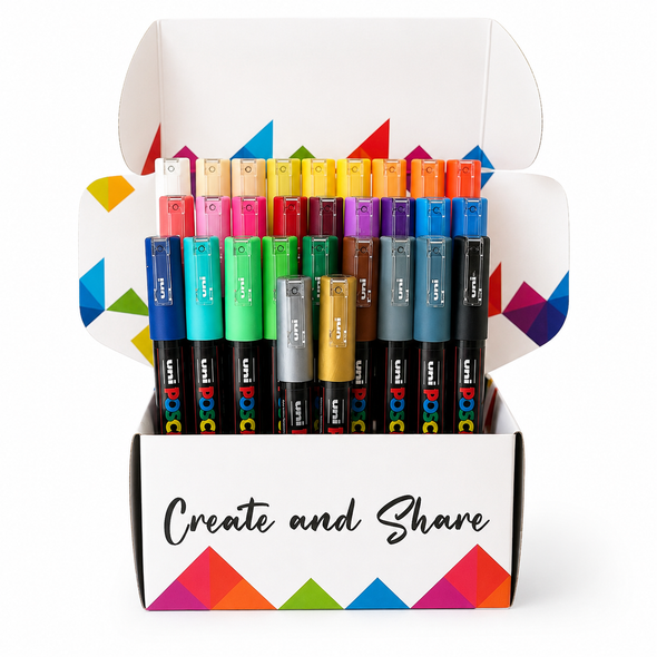 POSCA PC-1M assorted paint marker bundle presented in Create and Share packaging on a bright white background.