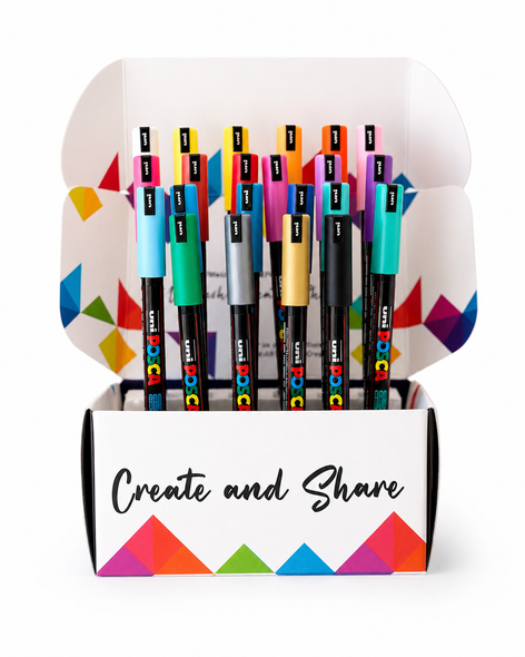 POSCA PC-1MR marker bundle in Create and Share branded display packaging with assorted markers on a bright white background.