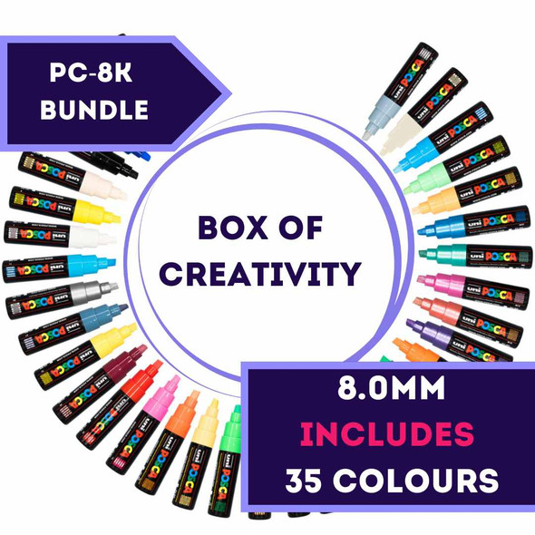 POSCA PC-8K chisel tip paint markers arranged in a full 35-colour arc around a ‘Box of Creativity’ label POSCA PC-8K chisel tip paint markers arranged in a full 35-colour arc around a ‘Box of Creativity’ label