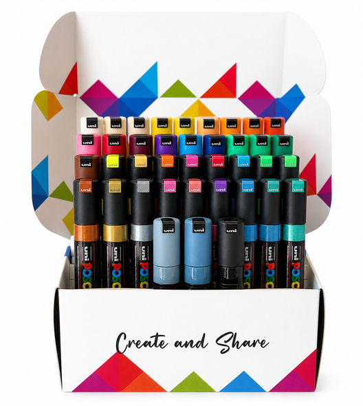 POSCA PC-8K assorted paint marker bundle in Create and Share packaging on a bright white background.
