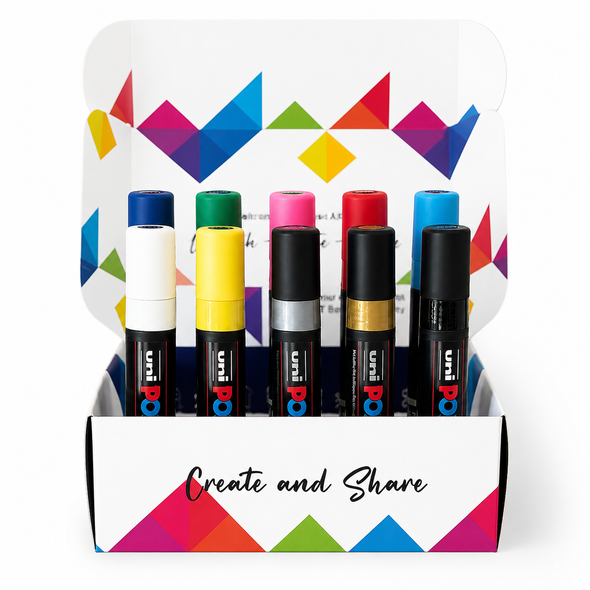 POSCA PC-17K assorted paint marker bundle in Create and Share packaging on a bright white background.