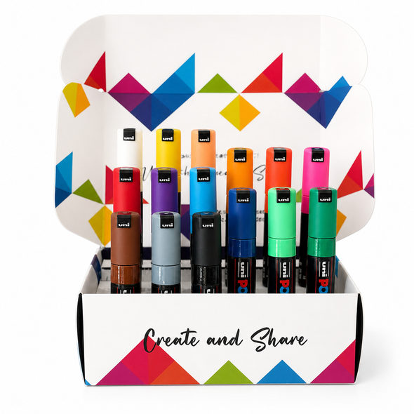 POSCA PC-7M assorted paint marker bundle in Create and Share packaging on a bright white background.