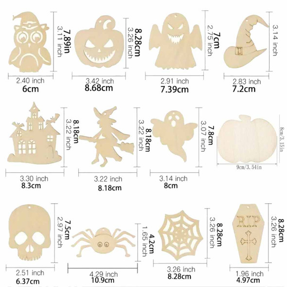 Size guide for DIY wooden Halloween craft decorations – assorted pumpkin, ghost, spider, skull, bat, witch, haunted house and coffin designs. | POSCART Size guide for DIY wooden Halloween craft decorations – assorted pumpkin, ghost, spider, skull, bat, witch, haunted house and coffin designs. | POSCART