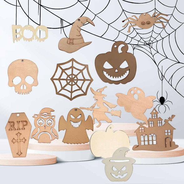 DIY wooden Halloween craft decorations set of 6 – assorted laser-cut designs including pumpkins, ghosts, spider webs, witches, skulls and haunted houses. | POSCART DIY wooden Halloween craft decorations set of 6 – assorted laser-cut designs including pumpkins, ghosts, spider webs, witches, skulls and haunted houses. | POSCART