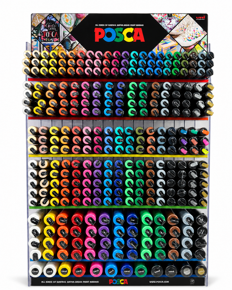POSCA School Set display stand filled with 334 assorted POSCA paint markers in various colours and nib sizes, organised across multiple shelves.