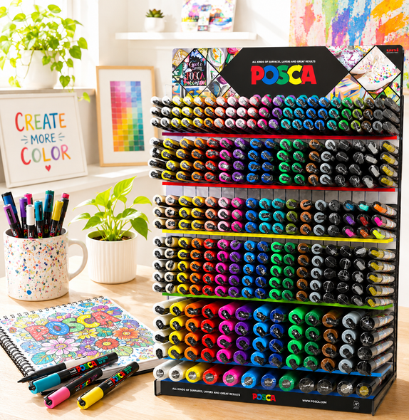 POSCA paint marker display filled with assorted colours in a bright creative studio with artwork, plants and an open sketchbook.