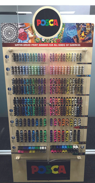 POSCA Lockable Display Cabinet with 812 markers in assorted colours and nib sizes inside a freestanding timber unit with acrylic doors. POSCA Lockable Display Cabinet with 812 markers in assorted colours and nib sizes inside a freestanding timber unit with acrylic doors.