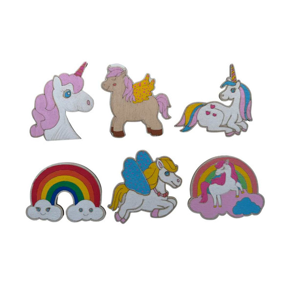 POSCA colour in wooden unicorn shapes set of 6 featuring assorted unicorn and rainbow designs for creative decorating