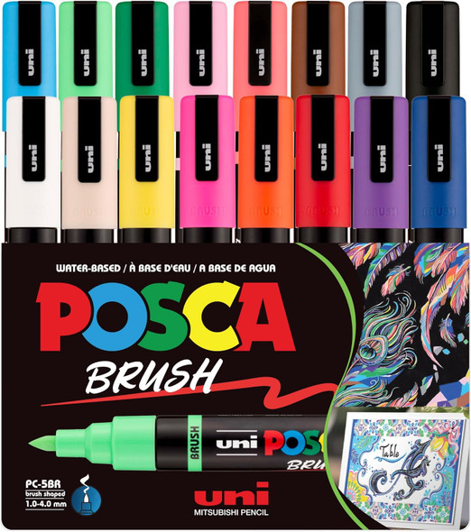 POSCA PC 5BR standard colour 16 pack brush tip paint markers box set of 16