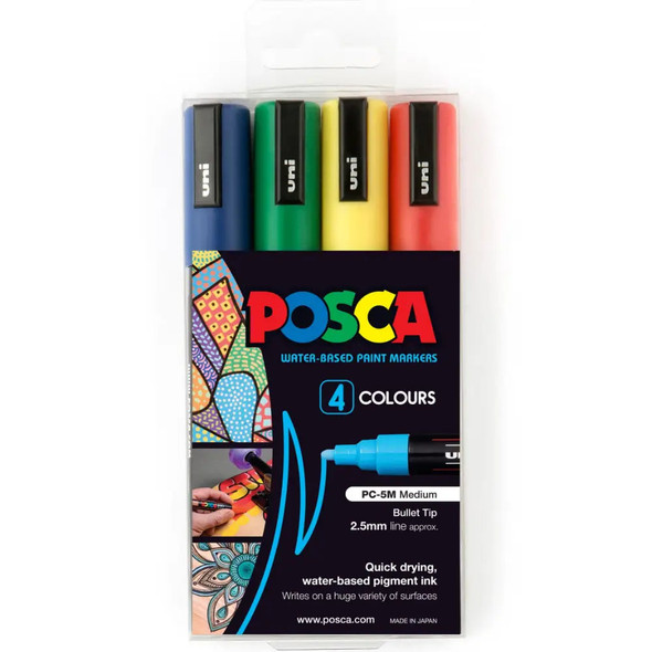 POSCA PC 5BR standard colour 4 pack brush tip paint markers box set of 4