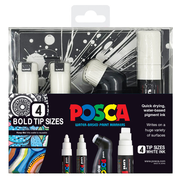 POSCA Paint Markers Assorted Bold Tips White 4 Pack in reusable wallet with four assorted bold tip styles and white water-based pigment ink.
