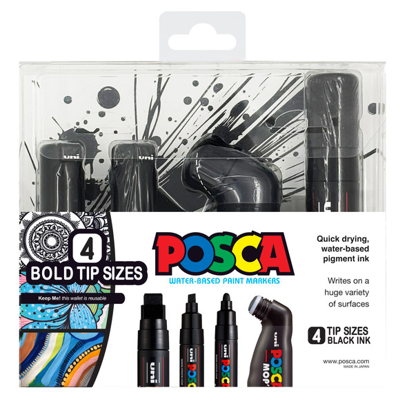 POSCA Paint Markers Assorted Bold Tips Black 4 Pack in reusable wallet with four assorted bold tip sizes and black water-based pigment ink.