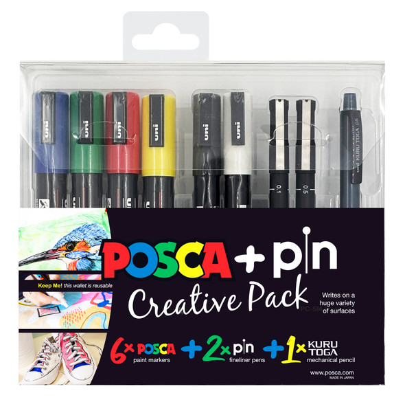 POSCA Assorted Creative 9 Piece Pack with 6 POSCA paint markers, 2 uni PIN fineliners and 1 Kuru Toga 0.5mm mechanical pencil in reusable wallet.