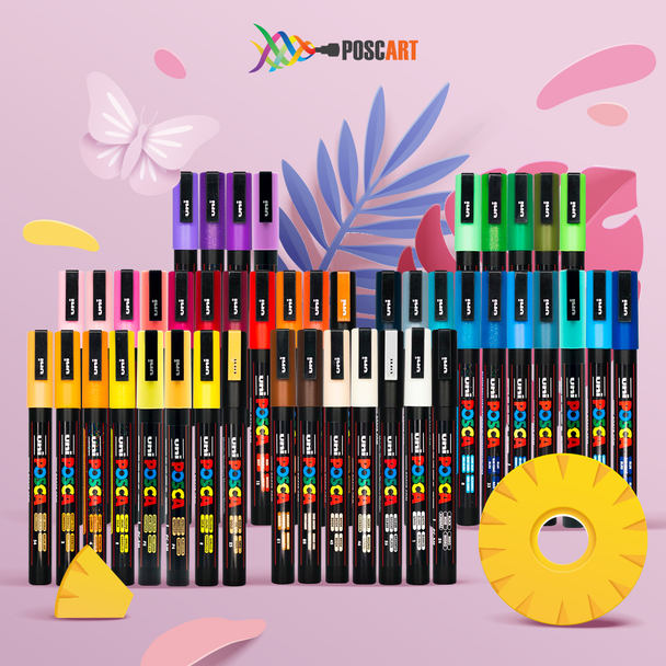 POSCA PC-3M Paint Marker Set displayed in a vibrant art-themed setup.