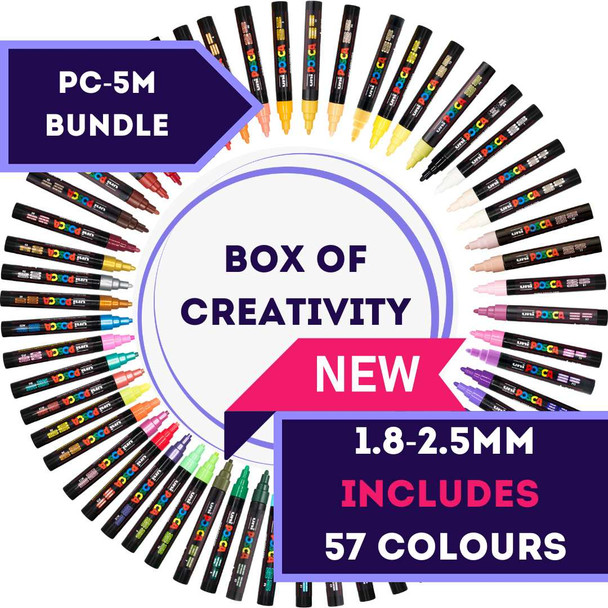 POSCA PC-5M 57-colour paint marker set arranged in a circular burst with ‘Box of Creativity’ centre badge