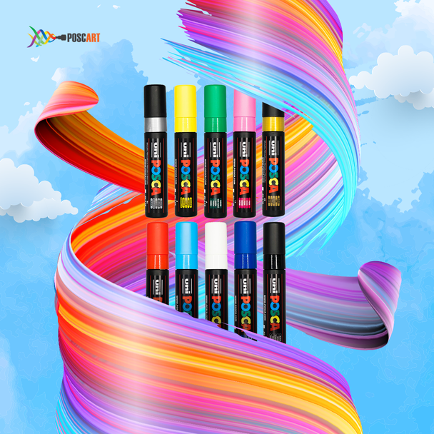 POSCA PC-17K Paint Marker Set arranged artistically with vibrant swirling paint strokes.