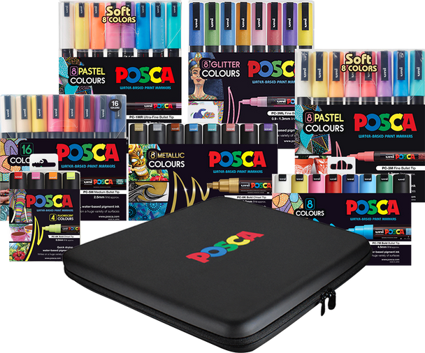 POSCA Large Storage Case Series II displayed with all 7 walleted marker sets, shown alongside the closed black case with POSCA branding.