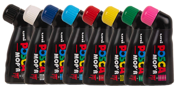 Uniball POSCA PCM-22 MOP’R 8-pack of markers with coloured caps arranged side-by-side