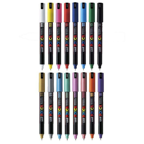 Vertical display of all 16 POSCA PC-1MR ultra-fine markers in vibrant standard tones