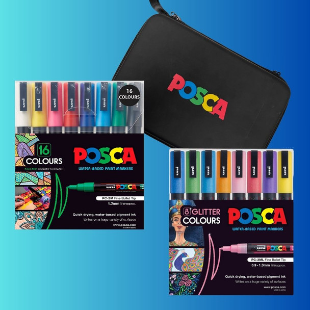 Complete PoscART Travel Art Kit 2 with markers arranged in front of a black POSCA case, set against a bold aqua and purple gradient background.