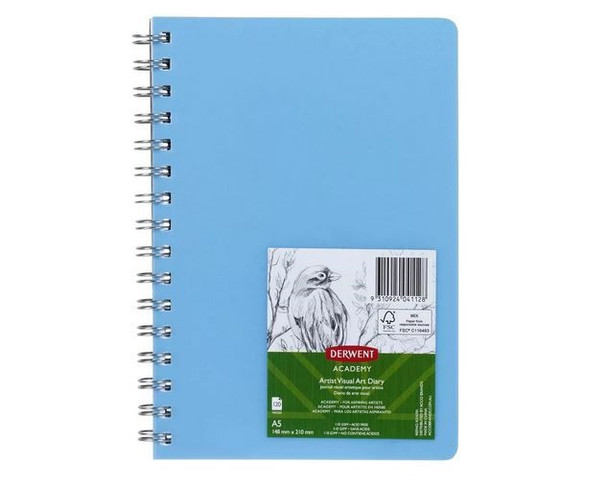 Derwent R310701 Visual Art Diary A4 Portrait 120 Pages Blue - The image depicts a notebook with a vibrant hue blue. It's a spiral-bound notebook, as indicated by the metal spirals running along the left edge. The cover is plain with no visible text or designs, giving it a minimalist appearance. The overall feel of the notebook is clean and straightforward. It seems to be a standard-sized notebook, suitable for tasks like note-taking, journaling, or sketching.