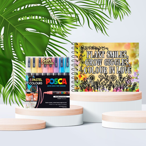 POSCART POSCA PC-3M ASSORTED PASTEL SETS AND Adult Blooming Garden Colouring Book BUNDLE (UMCBSET02) | POSCART
