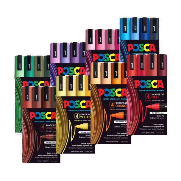 POSCA PC-5M Colour Tones Paint Marker Set – 8 Wallets of 4 in Red, Blue, Green, Orange, Yellow, Brown, Pink and Purple
