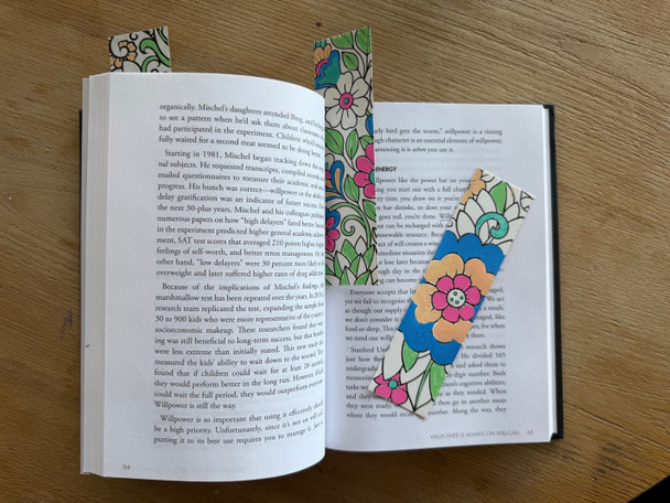 POSCA Mandala Colour-In Bookmarks with detailed floral patterns on open book pages
