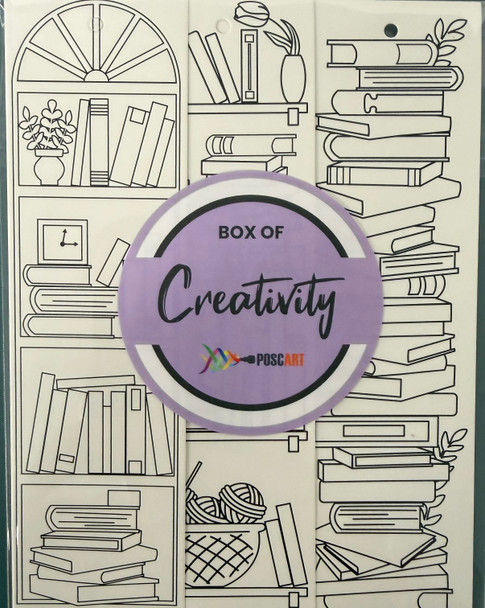 POSCA Bookshelf Colour-In Bookmarks showing stacks of books in assorted pastel colours