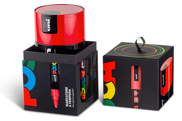 POSCA Tin 20 Piece PC5M Paint Marker Gift Set featuring colourful markers in a black and yellow reusable tin with branded gift box packaging.