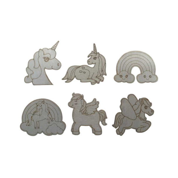 Unicorn themed wooden colouring shapes suitable for POSCA paint markers showing six unfinished wood unicorn designs