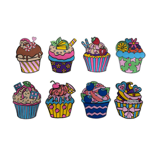 Cupcake themed colour in art cards suitable for POSCA paint markers showing eight unique cupcake designs on paper cardstock