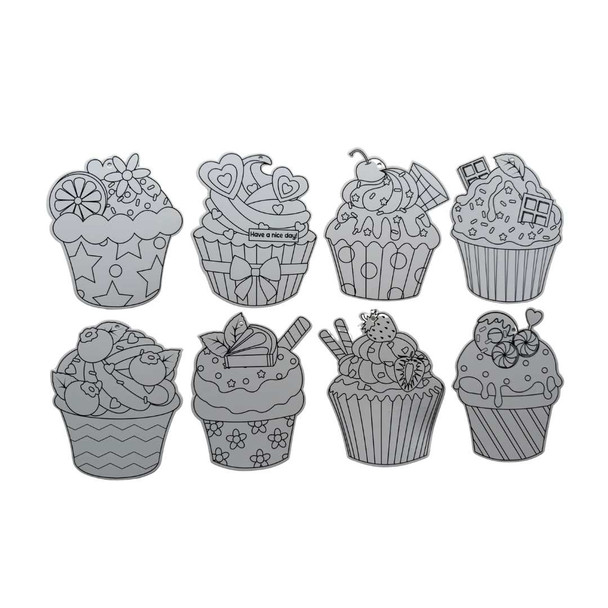 POSCA colour in cupcake cards set of 8 featuring assorted dessert illustrations printed on cardstock for creative colouring