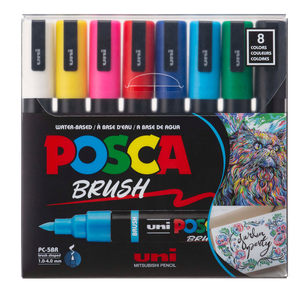 POSCA PC 5BR standard colour 8 pack brush tip paint markers box set